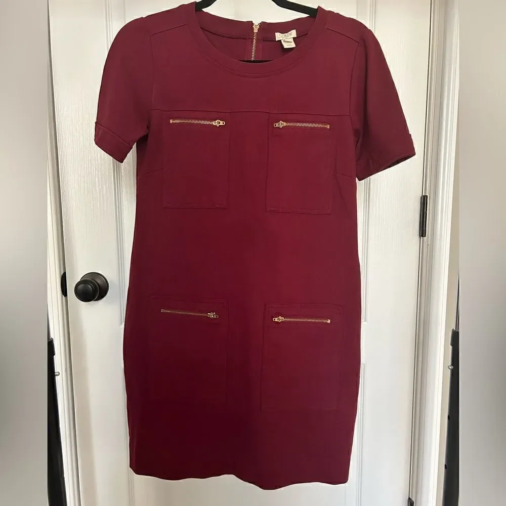J. Crew Zipper Ponte Shift Dress in Burgundy Size 0 Spandex/Viscose Blend